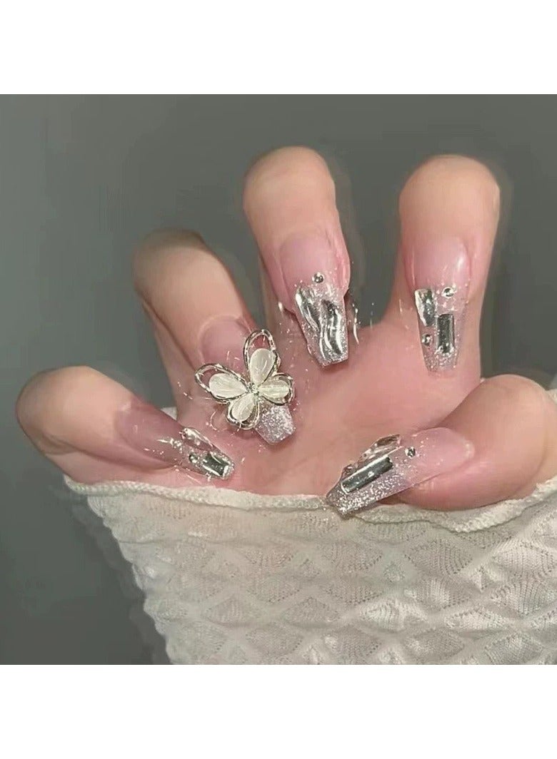 Goolsky Luxury Long Press On Nails Sparkling Silver Rhinestone Cat Eye Big Butterfly Nail Tips  - Image 5