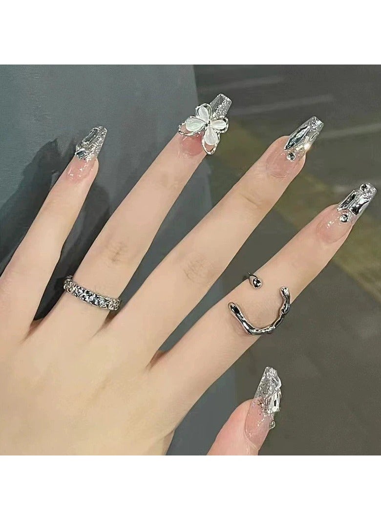 Goolsky Luxury Long Press On Nails Sparkling Silver Rhinestone Cat Eye Big Butterfly Nail Tips  - Image 4