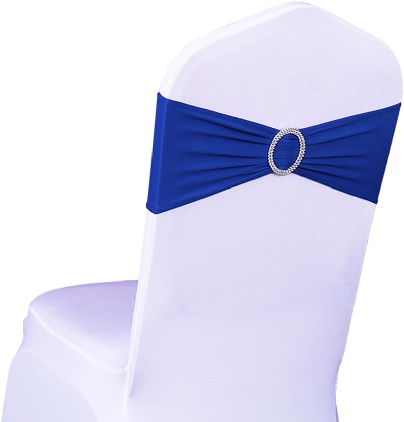 SINSSOWL Spandex Royal Blue Chair Sashes 100 Pack Wedding Chair Bands with Buckles Dark Blue Chairs Bows for Party Birthday Baby Shower Engagement Anniversary Banquet Events Decorations (Roya Blue) - Image 1