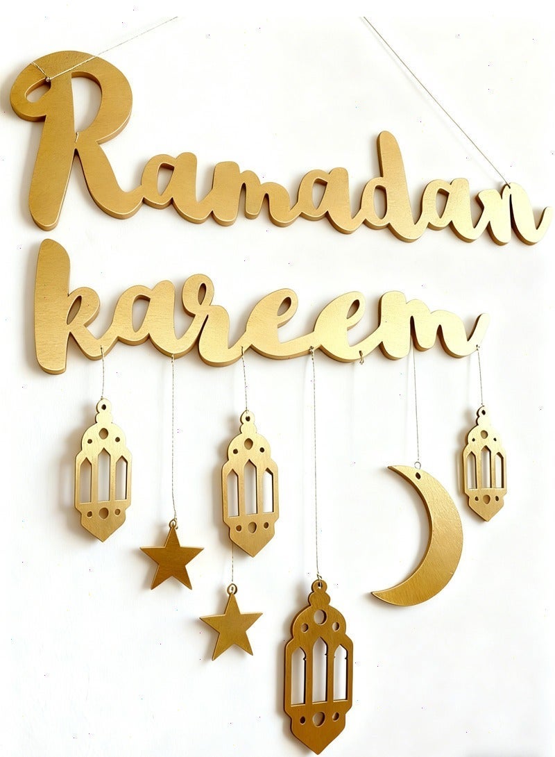 زينة رمضان، للمنزل والمكتب والهدايا لافتة خشبية لتعليقها على الحائط مع 7 قلادات وخيط للتعليق - Image 1