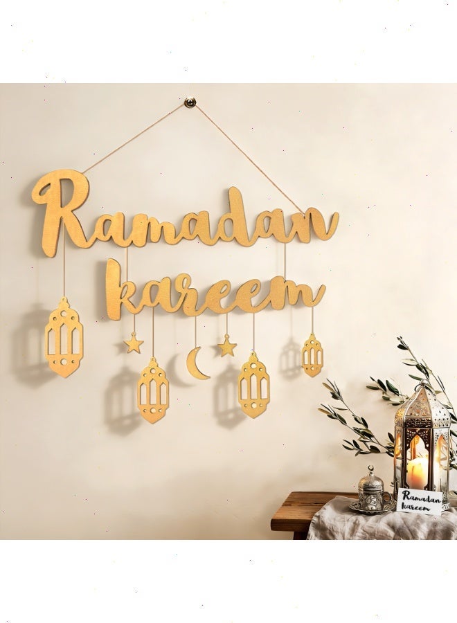 زينة رمضان، للمنزل والمكتب والهدايا لافتة خشبية لتعليقها على الحائط مع 7 قلادات وخيط للتعليق - Image 2