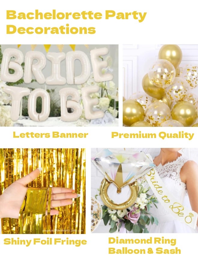 فَرَحُوم طقم زينة حفلة العزوبية باللون الذهبي مع طرحة وشريط، بالونات العروس مع بالون خاتم الماس، بالونات ذهبية وبيضاء، ستائر شرينج وزينة القلوب لليلة الحنة، ليلة المندي، حفلات الخطوبة وما قبل الزواج - Image 5