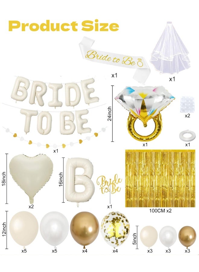 فَرَحُوم طقم زينة حفلة العزوبية باللون الذهبي مع طرحة وشريط، بالونات العروس مع بالون خاتم الماس، بالونات ذهبية وبيضاء، ستائر شرينج وزينة القلوب لليلة الحنة، ليلة المندي، حفلات الخطوبة وما قبل الزواج - Image 3