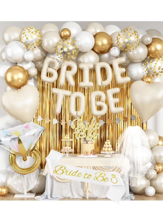فَرَحُوم طقم زينة حفلة العزوبية باللون الذهبي مع طرحة وشريط، بالونات العروس مع بالون خاتم الماس، بالونات ذهبية وبيضاء، ستائر شرينج وزينة القلوب لليلة الحنة، ليلة المندي، حفلات الخطوبة وما قبل الزواج - Image 1