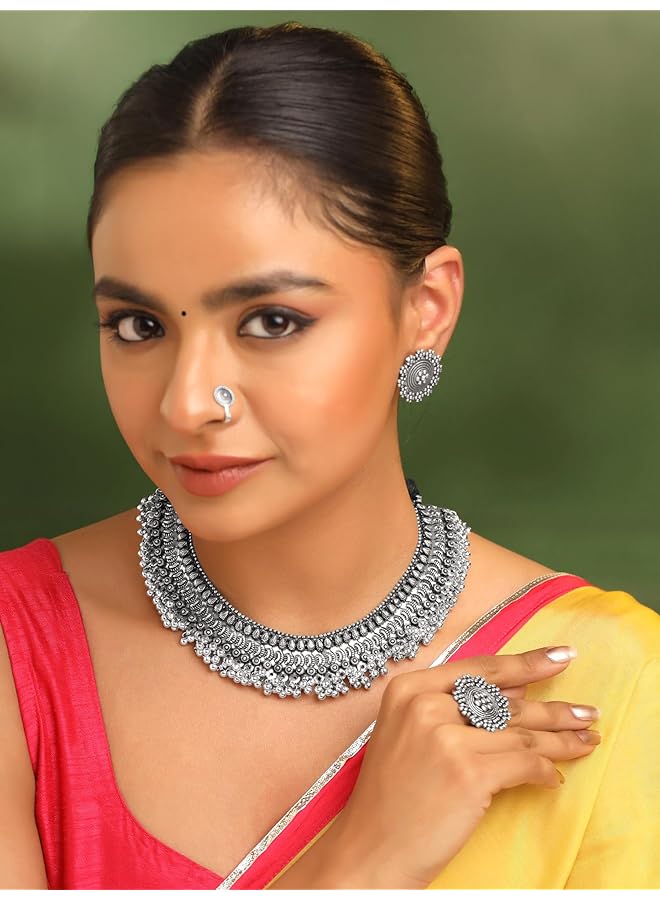 تشيميز أصفر طقم قلادة كلاسيكية ألمانية تقليدية مصنوعة من الفضة المؤكسدة مع حلقة للأذن للنساء والفتيات - Image 2