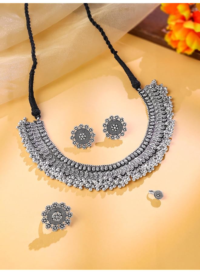 تشيميز أصفر طقم قلادة كلاسيكية ألمانية تقليدية مصنوعة من الفضة المؤكسدة مع حلقة للأذن للنساء والفتيات - Image 3