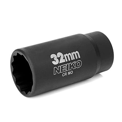 NEIKO 02523A 32mm Socket 12 Drive Deep Impact Socket Spindle Axle Nut Socket 12 Point Chrome Molybdenum CrMo Deep Well Hub Triple Square Axle Shaft Nut Remover