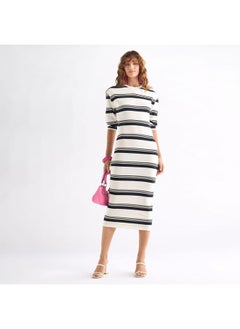 FAV Striped Bodycon Dress with Round Neck and 3/4 Sleeves  - Image 2