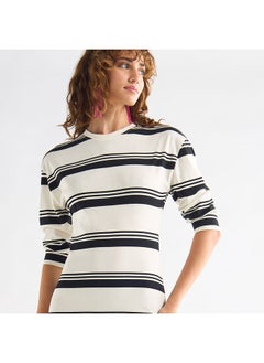 FAV Striped Bodycon Dress with Round Neck and 3/4 Sleeves  - Image 4