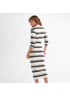 FAV Striped Bodycon Dress with Round Neck and 3/4 Sleeves  - Image 3