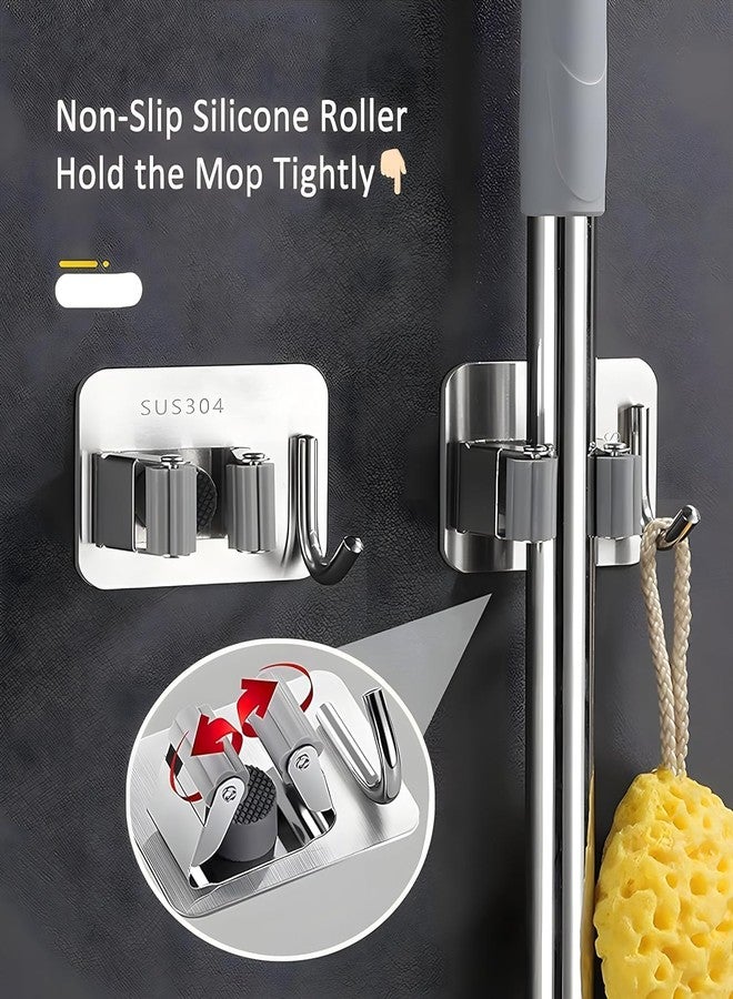 JIALTO 4 Pcs Adhesive Mop Holder and Broom Holder Wall Mounted Stainless Steel | Heavy Duty Mop & Broom Organizer with Hooks | Adhesive Storage Rack for Kitchen, Bathroom & Garage (Silver, 4) - Image 5
