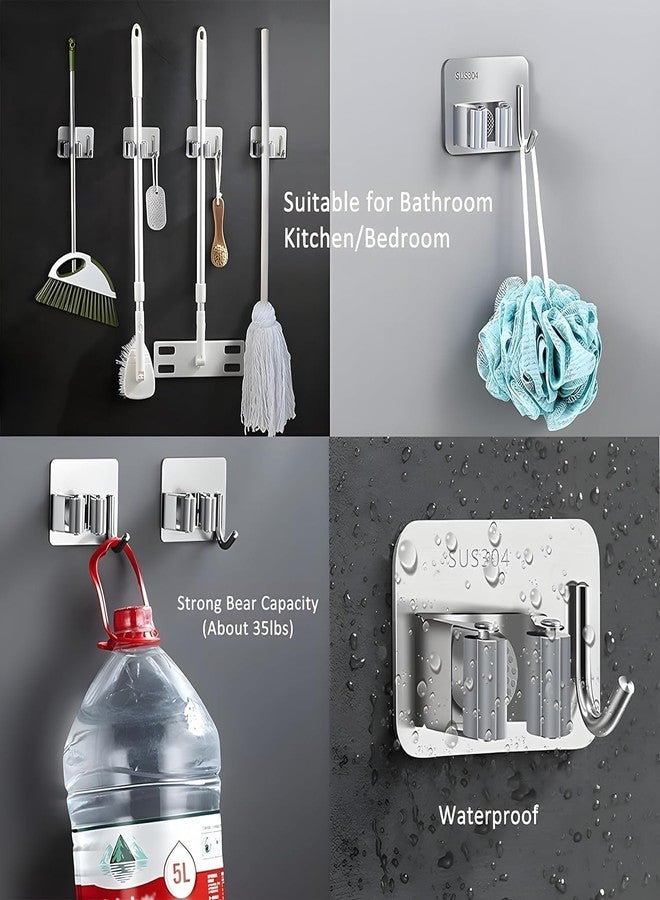 JIALTO 4 Pcs Adhesive Mop Holder and Broom Holder Wall Mounted Stainless Steel | Heavy Duty Mop & Broom Organizer with Hooks | Adhesive Storage Rack for Kitchen, Bathroom & Garage (Silver, 4) - Image 4