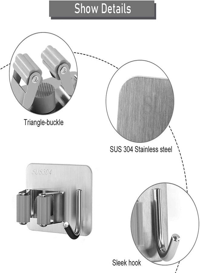 JIALTO 4 Pcs Adhesive Mop Holder and Broom Holder Wall Mounted Stainless Steel | Heavy Duty Mop & Broom Organizer with Hooks | Adhesive Storage Rack for Kitchen, Bathroom & Garage (Silver, 4) - Image 2