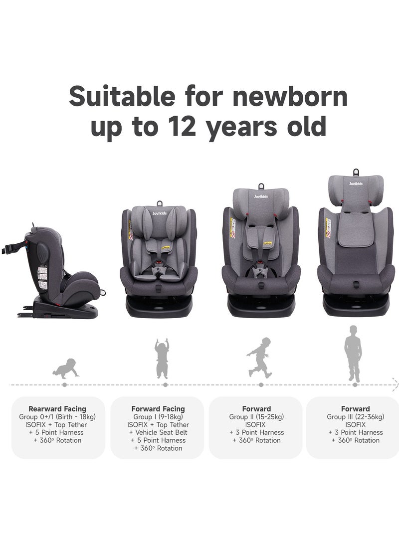 جوفيكيدز Jovikids Angela Safety Baby Car Seat with Isofix and Top Tether, 360 Degree Swivel Child Seat, Rotating Carseat for Group 0/1/2/3, 0-12 Years Old, ECE R44/04, Black - Image 4