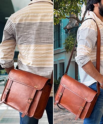RUSTIC TOWN Leather Messenger Bag for Men Women - Full Grain Leather Laptop Satchel Office Shoulder Bag (14 Inch, Brown) - Image 2