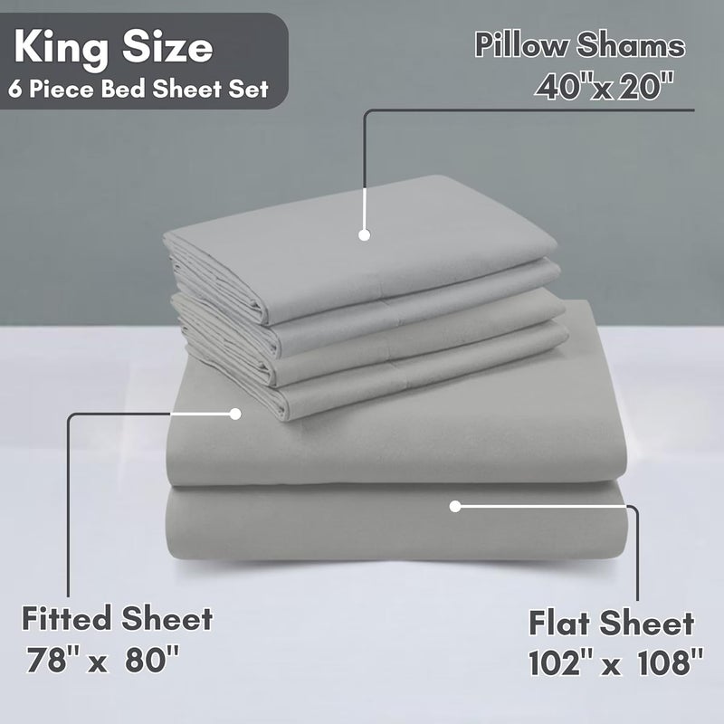 FOAM CRAFT Luxury Quality 6 Piece Bed Sheet Set - King Size, Light Grey, 100% Cotton - Image 2
