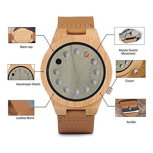 BOBO BIRD Mens Bamboo Wood Watch 12 Holes Timer Unique Design Large Size for Men with Cowhide Leather Strap Analog Quartz Wrist Watches - Image 3