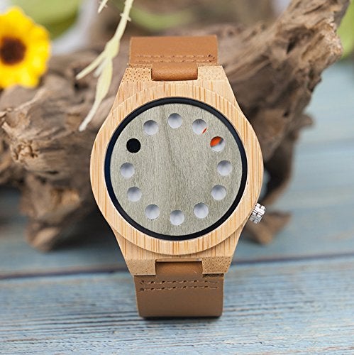 BOBO BIRD Mens Bamboo Wood Watch 12 Holes Timer Unique Design Large Size for Men with Cowhide Leather Strap Analog Quartz Wrist Watches - Image 5