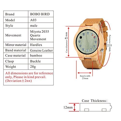 BOBO BIRD Mens Bamboo Wood Watch 12 Holes Timer Unique Design Large Size for Men with Cowhide Leather Strap Analog Quartz Wrist Watches - Image 2