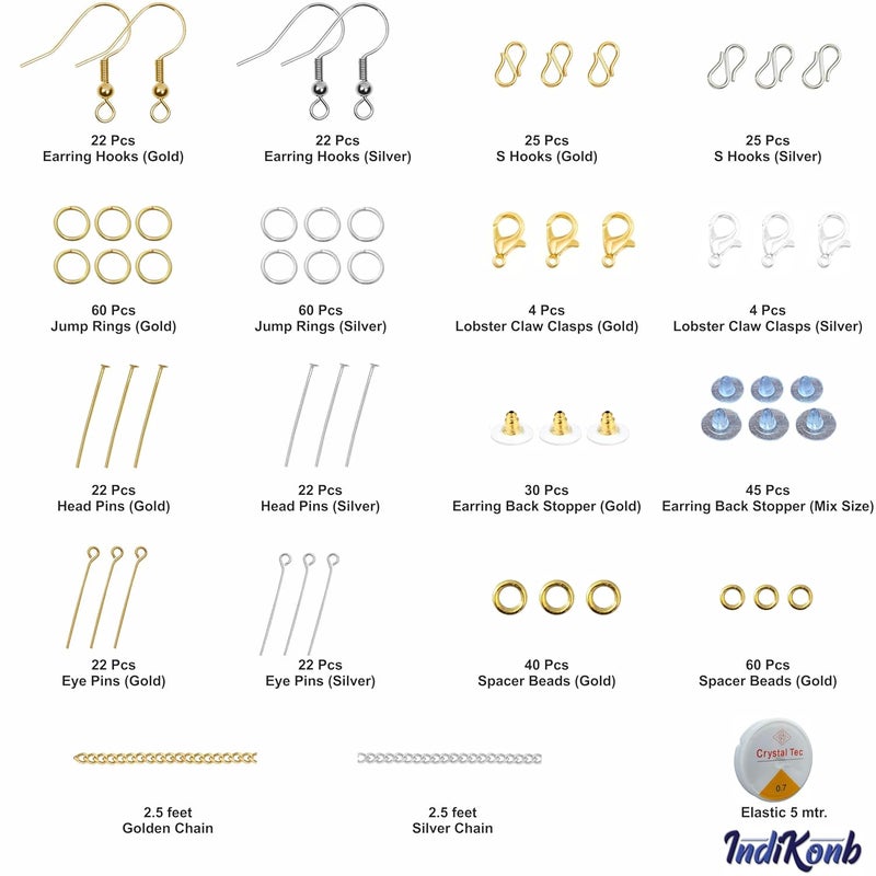 INDIKONB INDIKONB Jewelry Making Kit - Gold and Silver Metal Findings for DIY Crafts - Beading Supplies for Necklaces, Bracelets, Earrings (Findings + Tools)  - Image 2