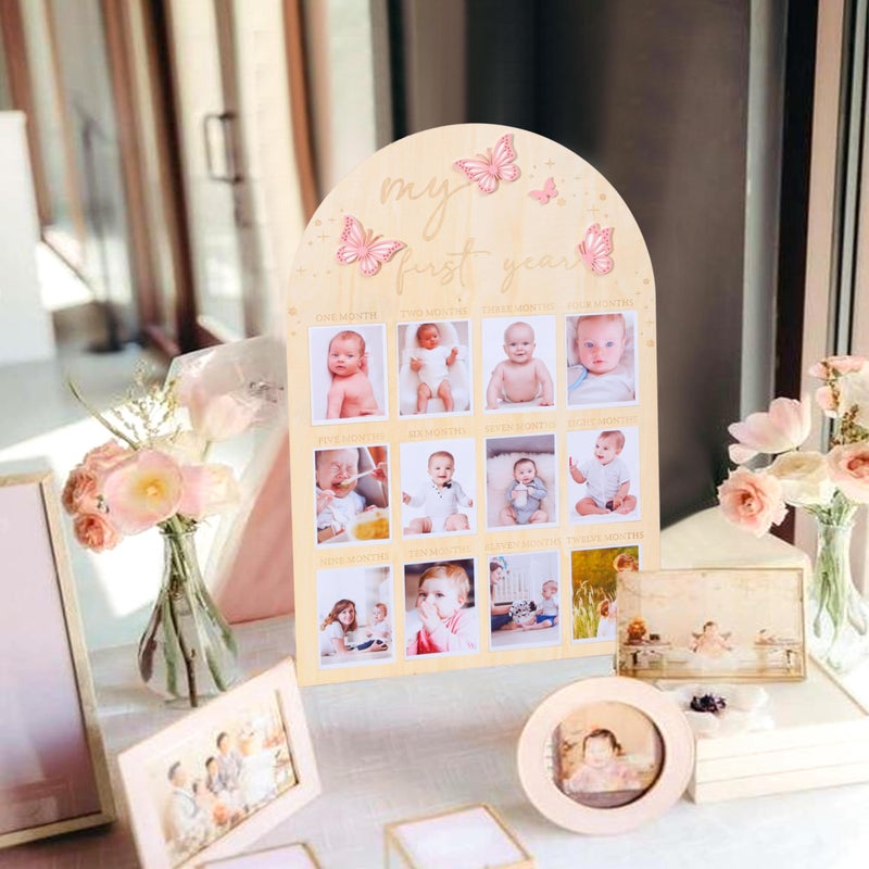 TERJIO My First Year Wood Photo Board for Butterfly - Acrylic 3D Butterfly for 1st Birthday Party Decor,1-12 Months Photo Wooden Board Party Surprises for Baby Girl,First Birthday Butterfly Baby Shower - Image 4