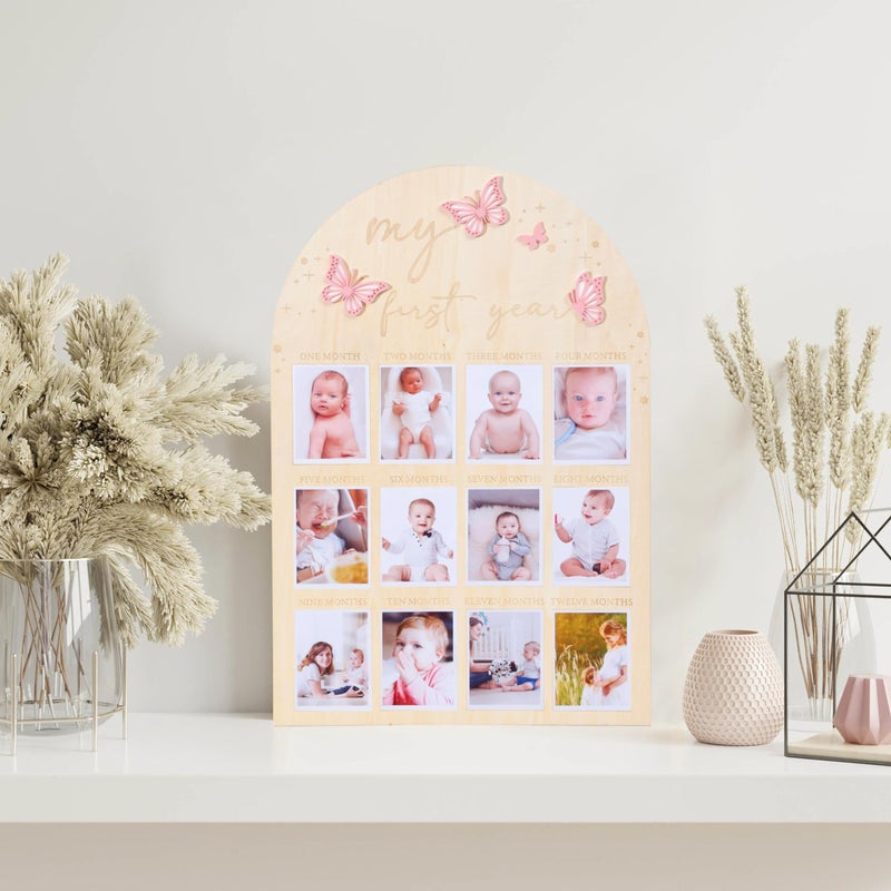 TERJIO My First Year Wood Photo Board for Butterfly - Acrylic 3D Butterfly for 1st Birthday Party Decor,1-12 Months Photo Wooden Board Party Surprises for Baby Girl,First Birthday Butterfly Baby Shower - Image 1