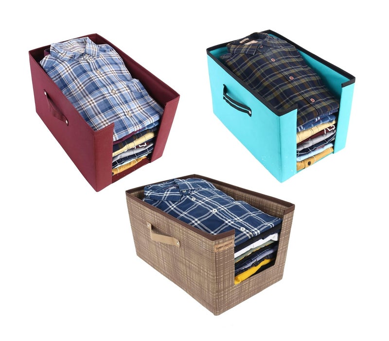 SHREY CREATION Shrey Creation Non Woven Shirt Stacker Cloth Storage Foldable Wardrobecloset Organizer With Handle For Tshirts Shirts Clothes Set of 3MaroonR Green Print - Image 1