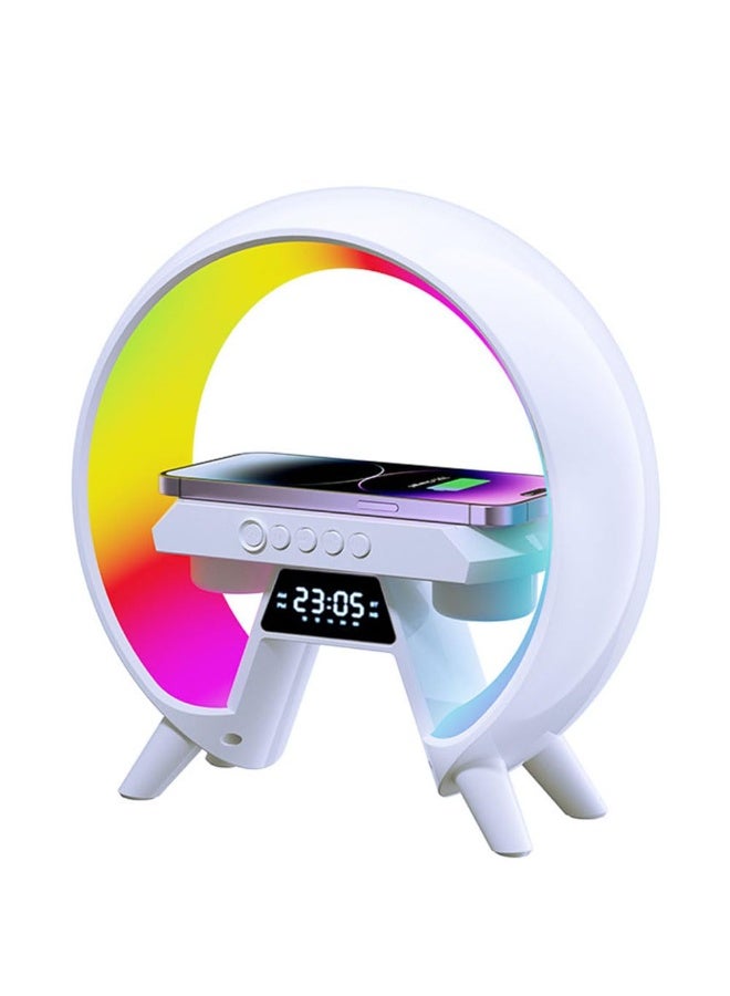 ريتش لايف مصباح إضاءة محيطية مع مكبر صوت بلوتوث وشاحن لاسلكي 10 واط | مصباح ليلي LED RGB، مكبر صوت بلوتوث، ساعة منبه، راديو FM، مصباح طاولة قابل للتعتيم لغرفة النوم والمنزل والمكتب، أبيض - Image 1
