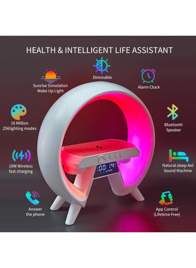 ريتش لايف مصباح إضاءة محيطية مع مكبر صوت بلوتوث وشاحن لاسلكي 10 واط | مصباح ليلي LED RGB، مكبر صوت بلوتوث، ساعة منبه، راديو FM، مصباح طاولة قابل للتعتيم لغرفة النوم والمنزل والمكتب، أبيض - Image 2