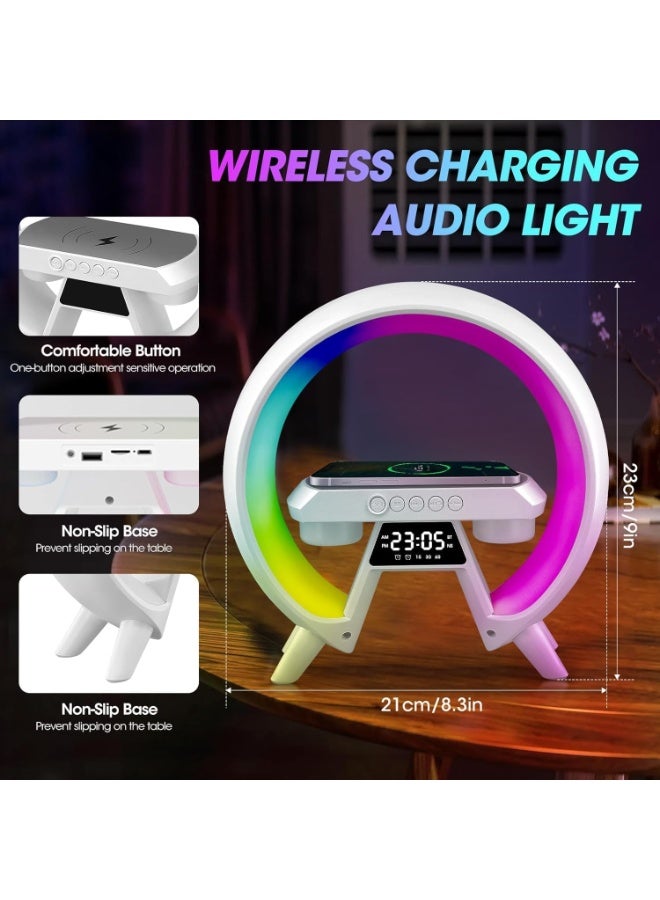 ريتش لايف مصباح إضاءة محيطية مع مكبر صوت بلوتوث وشاحن لاسلكي 10 واط | مصباح ليلي LED RGB، مكبر صوت بلوتوث، ساعة منبه، راديو FM، مصباح طاولة قابل للتعتيم لغرفة النوم والمنزل والمكتب، أبيض - Image 4