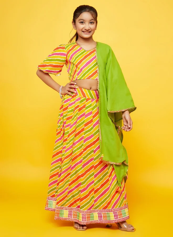 AKS Yellow and Green Printed Lehenga Choli for Girls