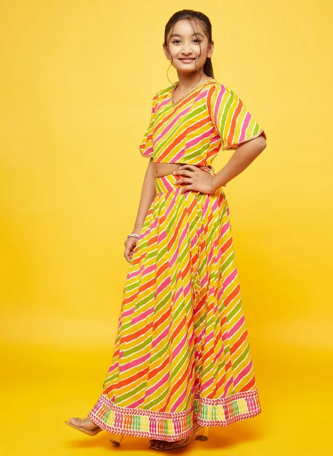 أيه كيه إس Yellow and Green Printed Lehenga Choli for Girls