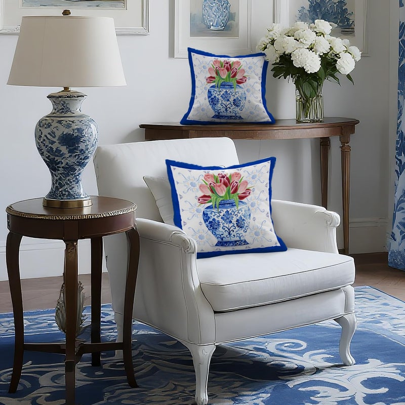 Palasarkaaa Grandmillenial Blue and White Pillow Covers 18x18 Inch for Home Decor, Chinoiserie Vase Tulips Floral Decorative Pillowcase Cushion Cover for Bed Sofa Couch - Image 4