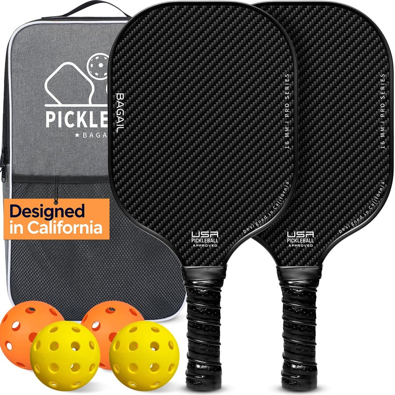 BAGAIL Pickleball Paddles, USAPA Approved Fiberglass Surface Pickleball Set, Lightweight Pickle Ball Rackets with 4 Balls, 1 Bag, Designed in California for Traction and Stability - 2 Pack, Black - Image 1