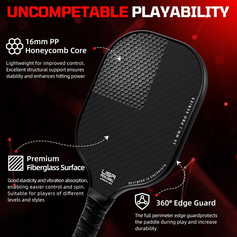 BAGAIL Pickleball Paddles, USAPA Approved Fiberglass Surface Pickleball Set, Lightweight Pickle Ball Rackets with 4 Balls, 1 Bag, Designed in California for Traction and Stability - 2 Pack, Black - Image 3