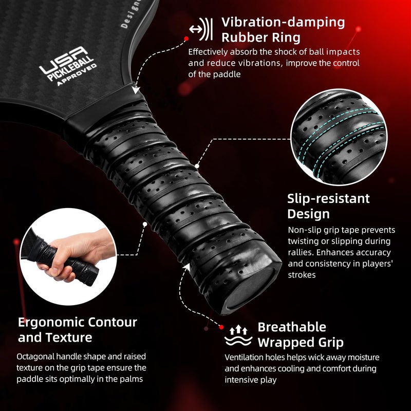 BAGAIL Pickleball Paddles, USAPA Approved Fiberglass Surface Pickleball Set, Lightweight Pickle Ball Rackets with 4 Balls, 1 Bag, Designed in California for Traction and Stability - 2 Pack, Black - Image 4