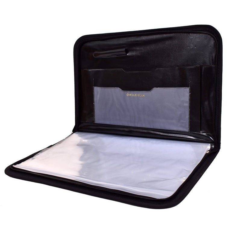 Campio محفظة ملفات جلد PU بسحاب 20 ورقة، محفظة مقابلة احترافية، منظم مستندات، حقيبة لحفظ الشهادات - مجموعة من 1 (اللون متنوع)، أسود - Image 3