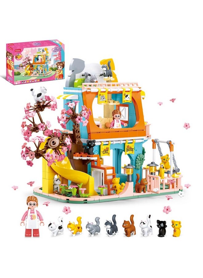 Sluban Cat House Building Set, Animal Playground Crossing Toy with 8 Cats and a Doll Minifigures Compatible with Lego Friends Pet Sets - Thanksgiving Christmas Birthday Gift Idea for Girls Kids Aged 6-12  - Image 1