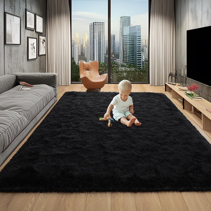 SOFT FLUFFY AREA RUGS FOR BEDROOM KIDS ROOM PLUSH SHAGGY NURSERY RUG FURRY THROW CARPETS FOR BOYS GIRLS COLLEGE DORM FUZZY RUGS LIVING ROOM HOME DECORATE RUG 4FT X 6FT BLACK