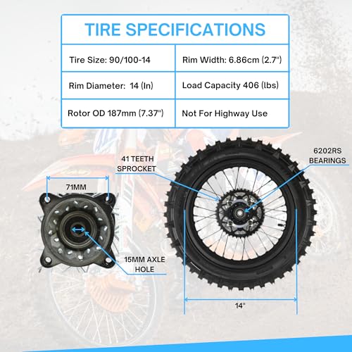 RedCap 14" Rear Wheel Rim Tire Assembly For Dirt Pit Bike Trail 90/100-14 Rear Wheel Rim Tire Fits 125/140/150/160cc Pit Dirt Bike KLX65 Apollo Kayo TT SSR 125 140 Includes Brake Rotor and Sprocket (14 inch) - Image 4
