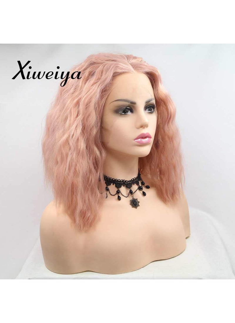 Xiweiya xiweiya Short Peach Curly Wig Synthetic Pink Lace Front Wig Rose Red Lace Front Wig Loose wavy red wig Heat Resistant Fiber Hair 180 Density Wig for Women 14inch 