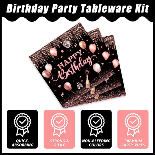 Kepeel 96 Pcs Rose Gold Birthday Plates and Napkins Party Supplies for Women Paper Pink Girls Glitter Happy Birthday Party Disposable Tableware Set Decorations Favors, Serves 24 - Image 4