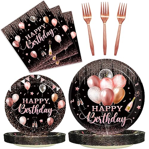 Kepeel 96 Pcs Rose Gold Birthday Plates and Napkins Party Supplies for Women Paper Pink Girls Glitter Happy Birthday Party Disposable Tableware Set Decorations Favors, Serves 24 - Image 1