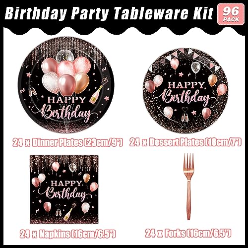 Kepeel 96 Pcs Rose Gold Birthday Plates and Napkins Party Supplies for Women Paper Pink Girls Glitter Happy Birthday Party Disposable Tableware Set Decorations Favors, Serves 24 - Image 2