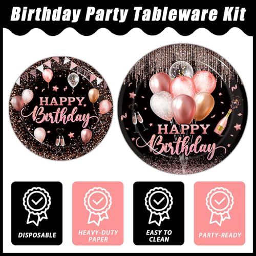 Kepeel 96 Pcs Rose Gold Birthday Plates and Napkins Party Supplies for Women Paper Pink Girls Glitter Happy Birthday Party Disposable Tableware Set Decorations Favors, Serves 24 - Image 3