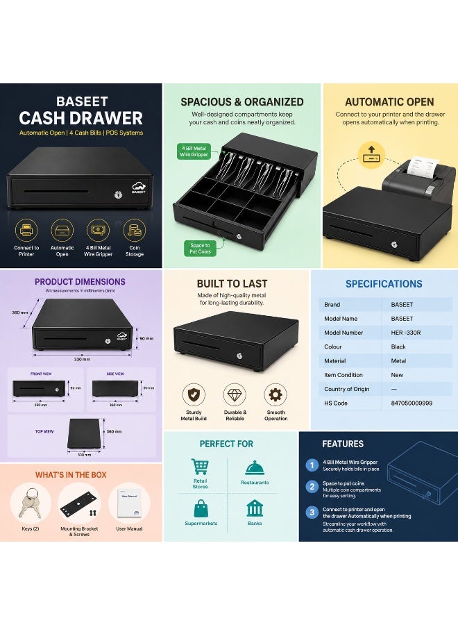 BASEET Cash Drawer Register,4 Cash Bills , Automatic Open,POS SYSTEMS - Image 2
