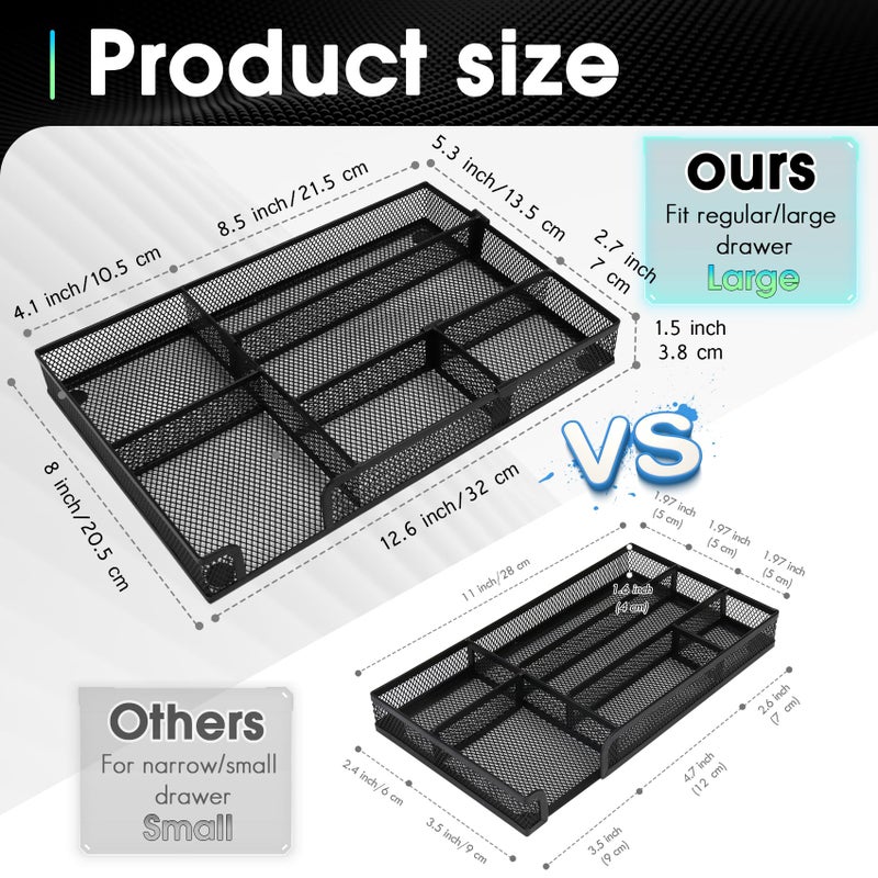 EsOfficce Desk Drawer Organizer Tray, 4 to 6 Grid Drawer Divider with 2 Adjustable Compartments, Metal Mesh Desk Organizer for Stationery Makeup Kitchen Toolroom School &Office, 12.6x8.26x1.57 in,1 PC - Image 4