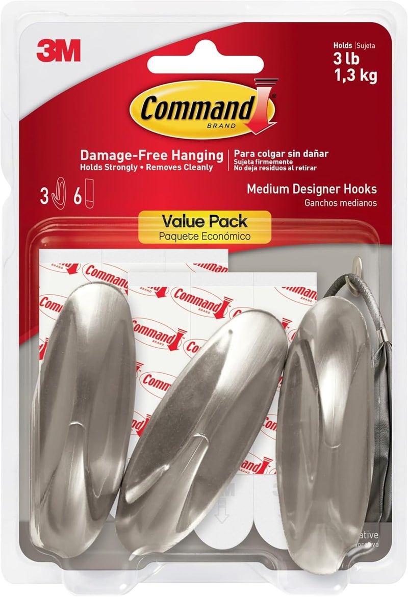 Command Diverse operation compatible 3 lb Capacity Hooks, Indoor Use, 3 hooks, 6 strips (17081BN-3ES) Long lifespan - Image 1