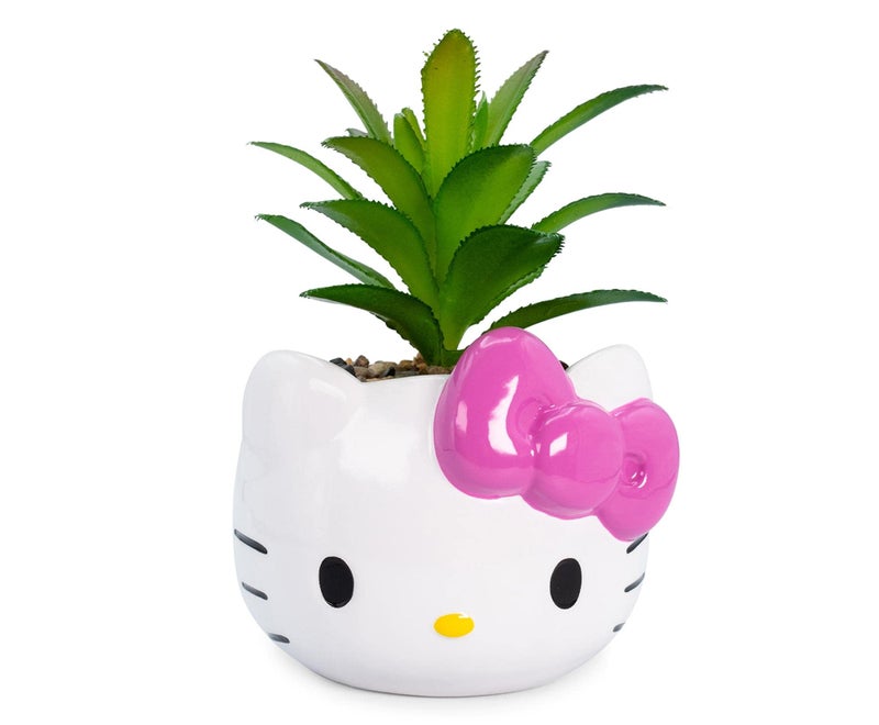 Silver Buffalo Sanrio Hello Kitty Face 3Inch Ceramic Mini Planter with Artificial Succulent