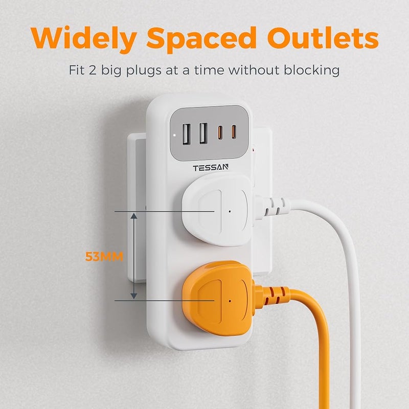 TESSAN Double Plug Adaptor with 4 USB(2 USB C) - Image 3